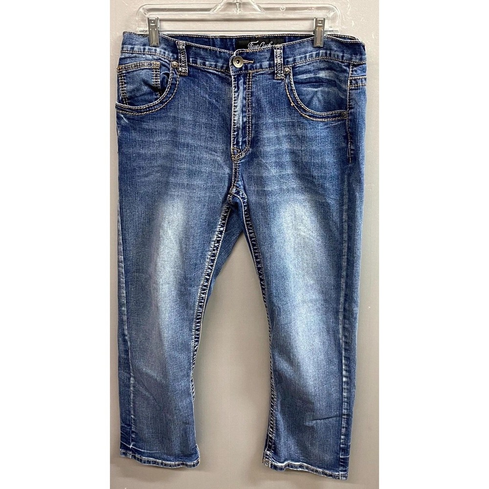 True Luck Tapered Leg Jeans Mens 34x30 Blue Whiskered Denim Stretch Medium Wash
